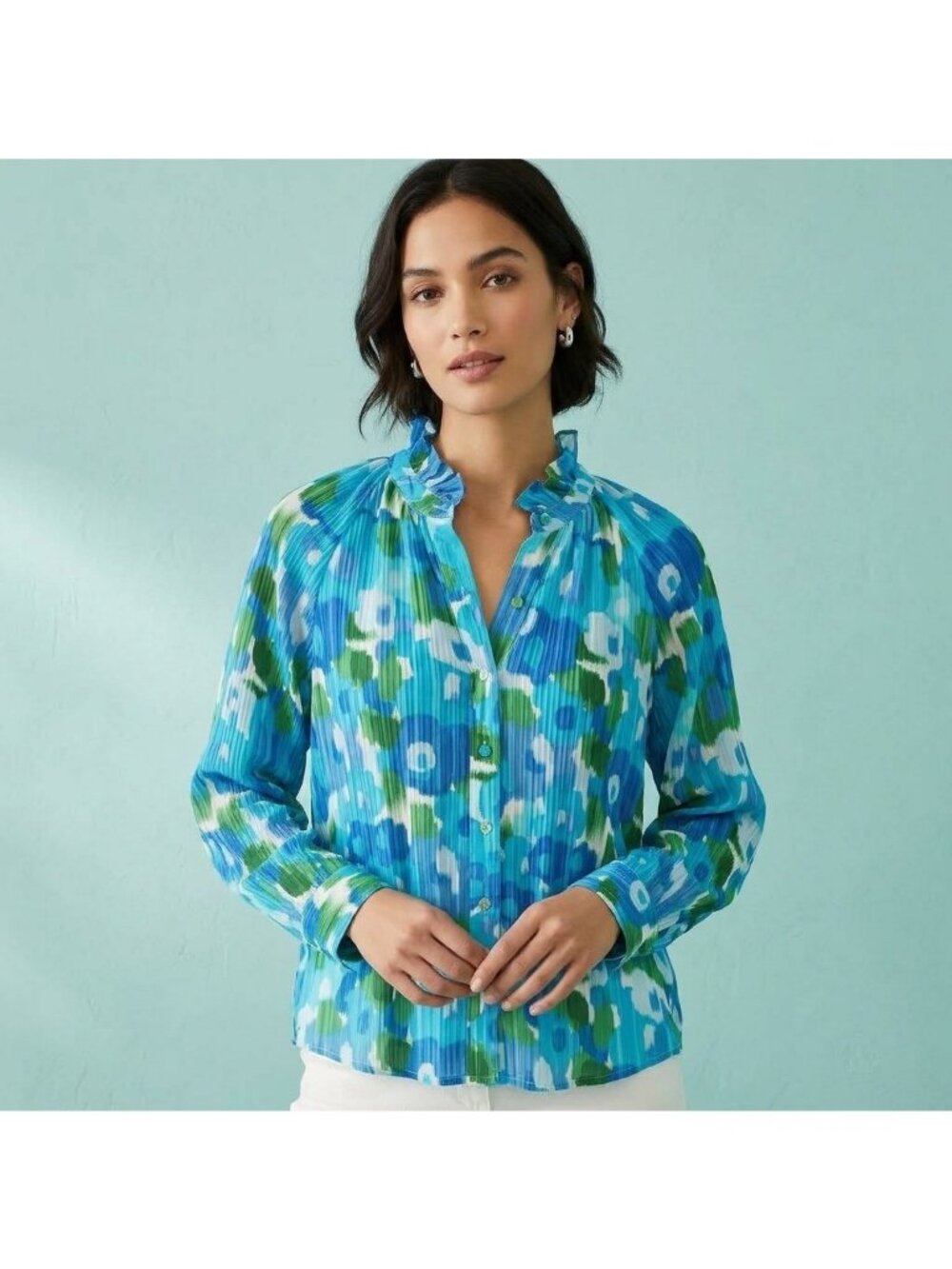 Tuckernuck Pomander Place Harlee Blouse Womens Small Blue Amalfi Floral Ruffle